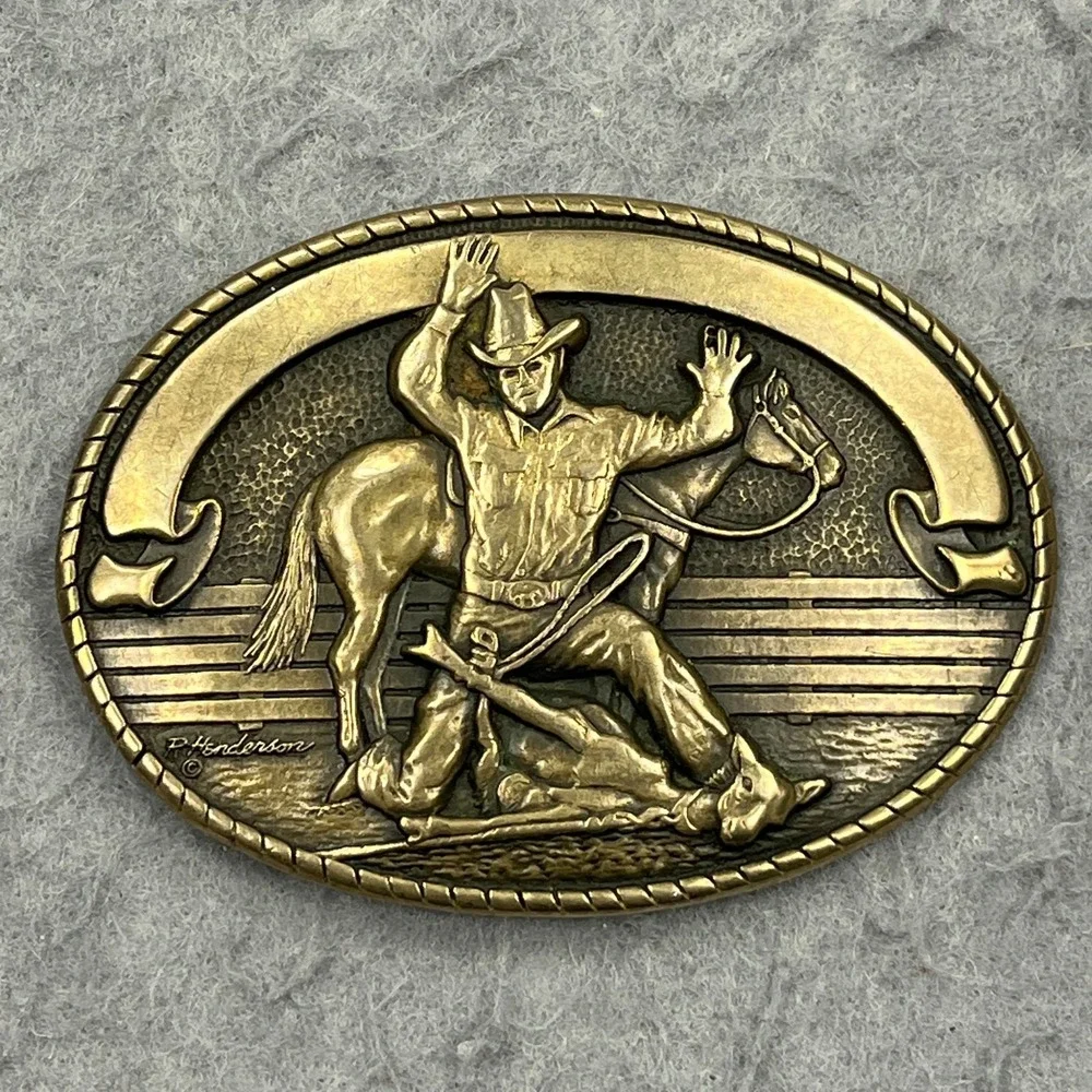 VTG Exclusive Tony Lama Solid Brass Belt Buckle Cowboy Roping Horse R. Handerson
